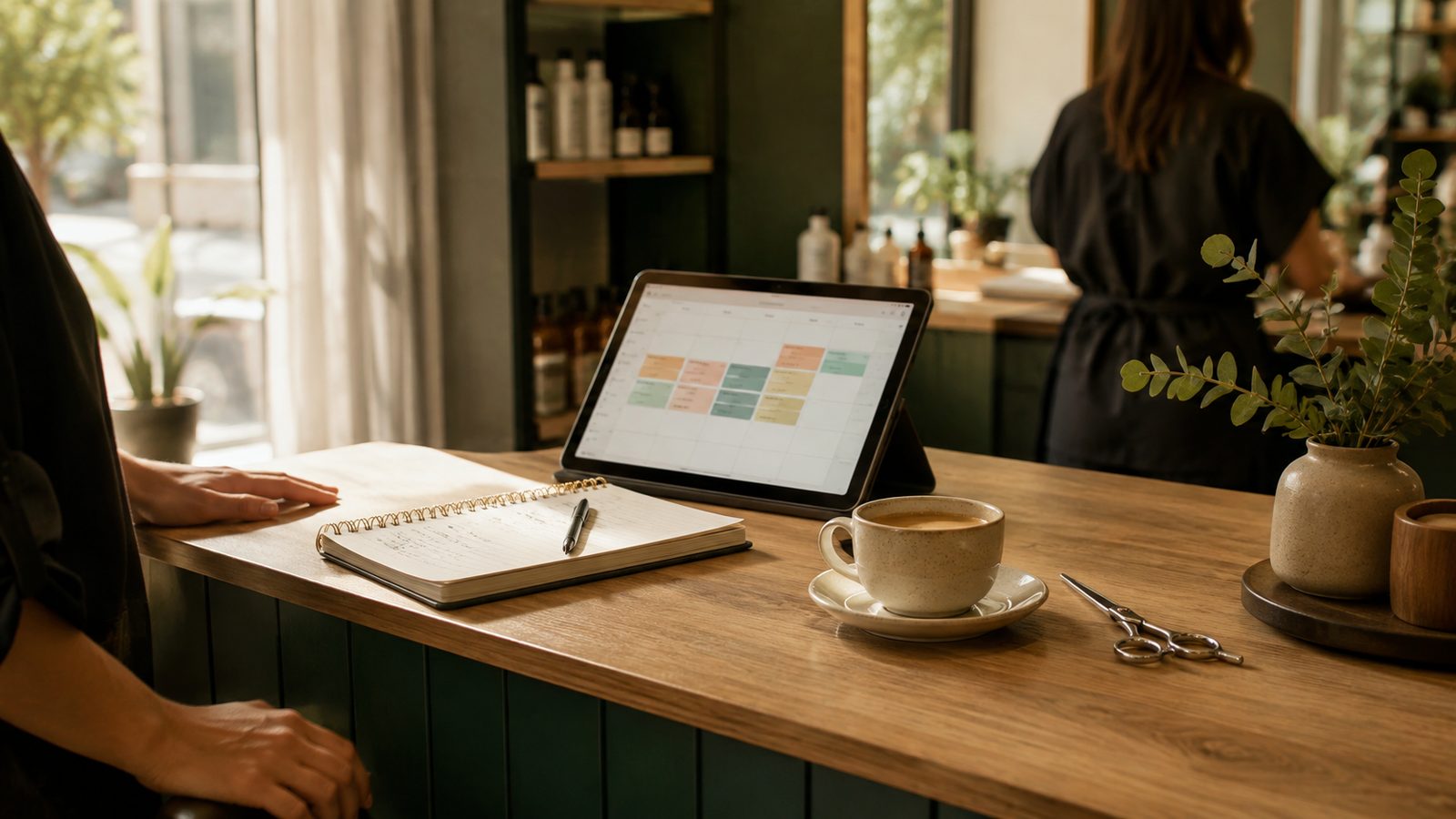 Escritorio de recepción de un salón con una agenda de turnos abierta en una tablet