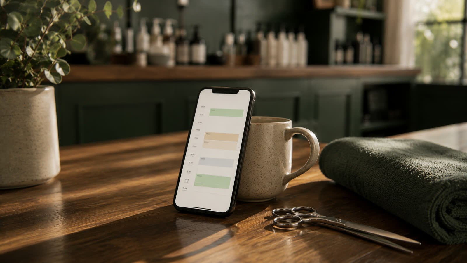 Celular con una agenda de turnos apoyado en el mostrador de un local