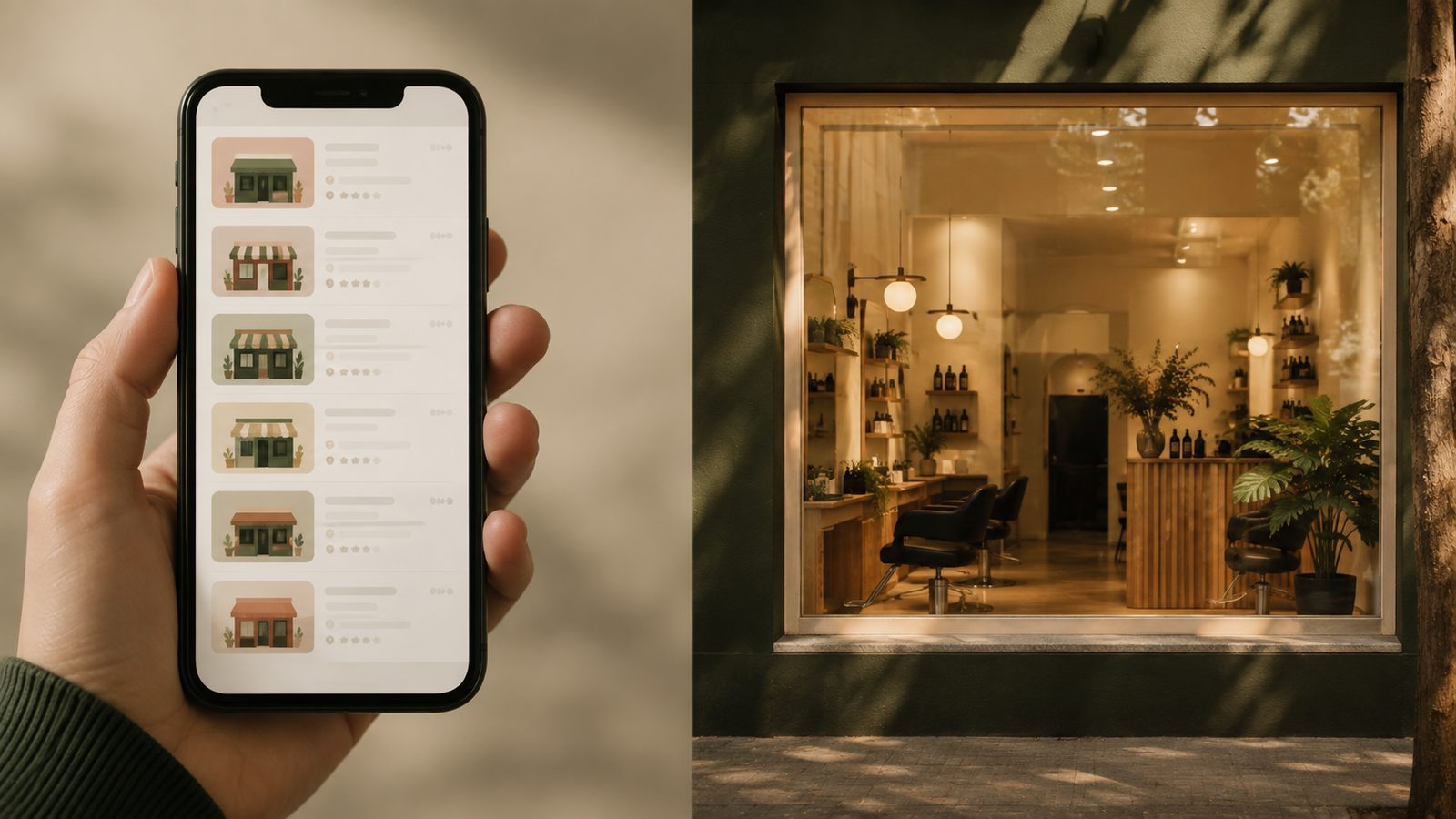 Pantalla de celular con un listado de salones de belleza junto a la página propia de un salón