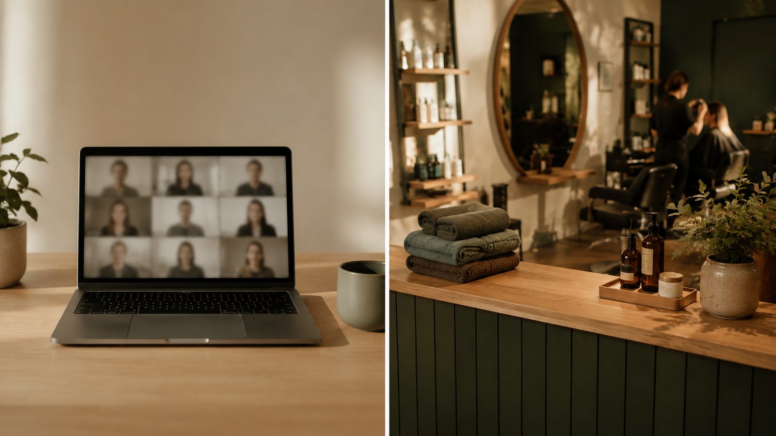 Contraste entre una videollamada agendada y la recepción de un salón con clientes esperando