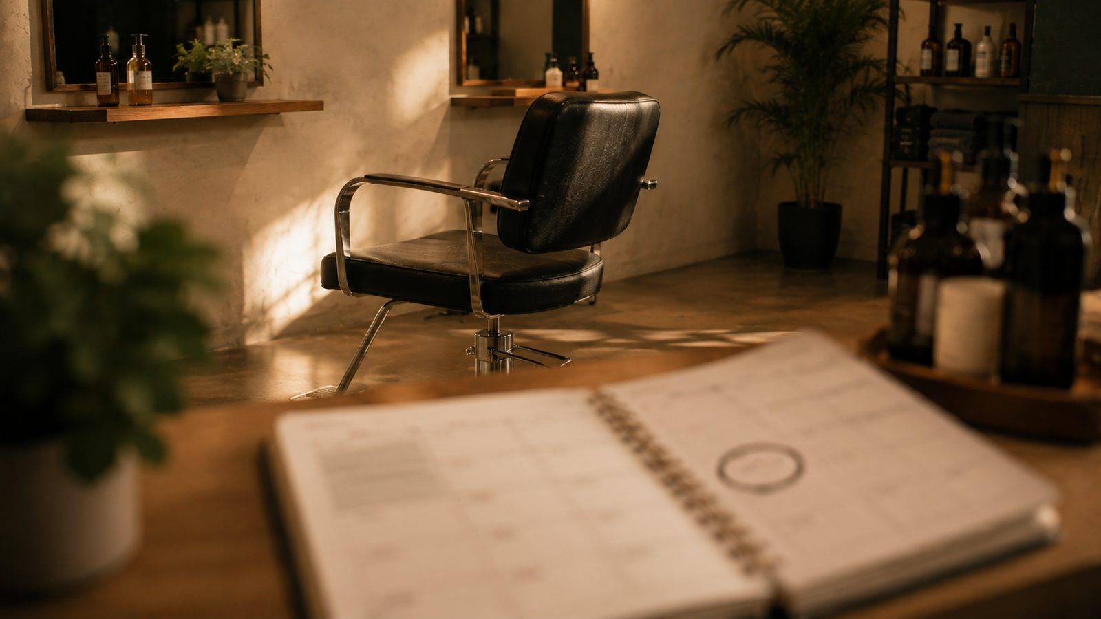 Silla vacía en un salón junto a una agenda con un turno marcado