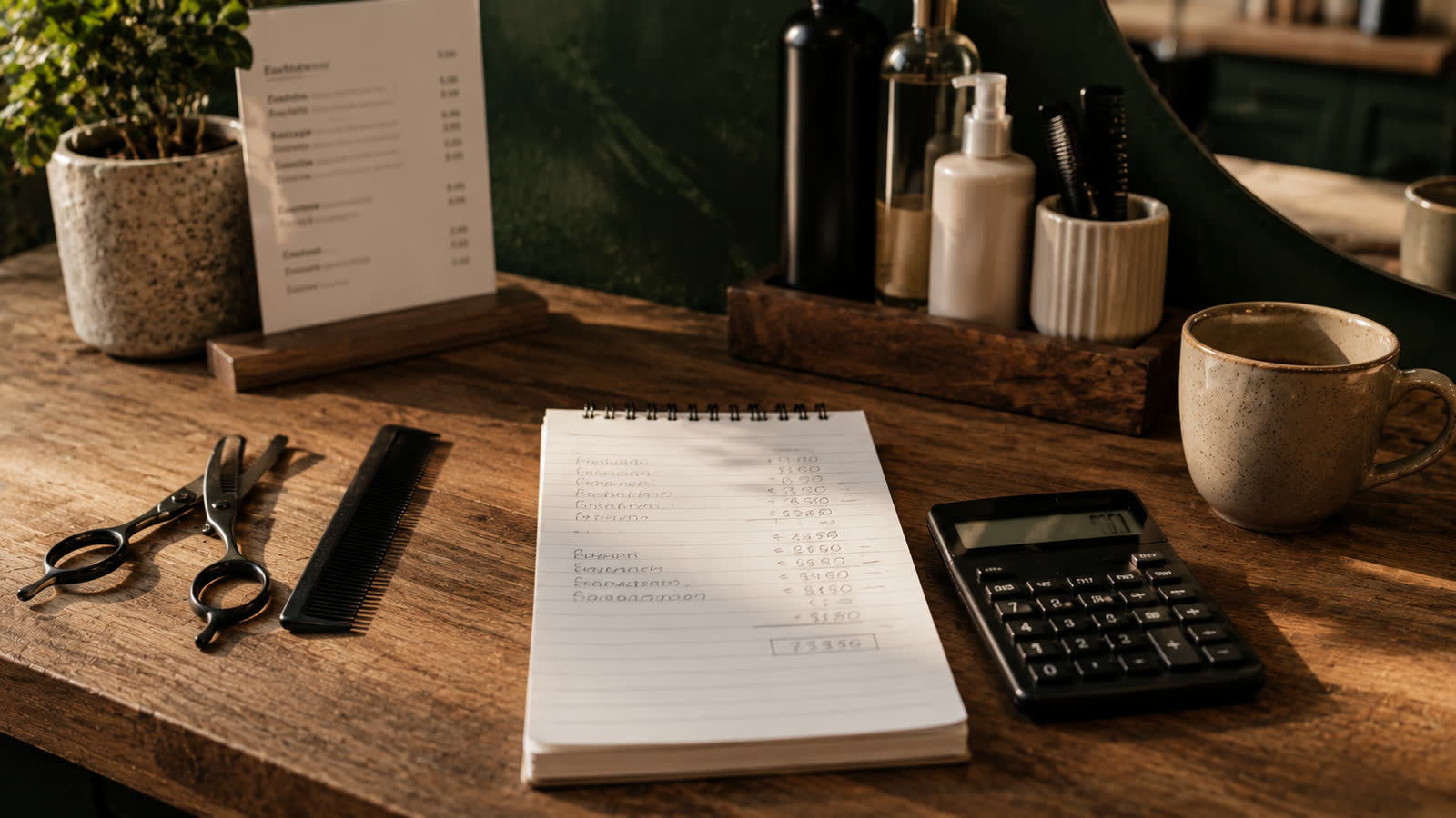 Calculadora, lista de precios y herramientas de peluquería sobre un mostrador