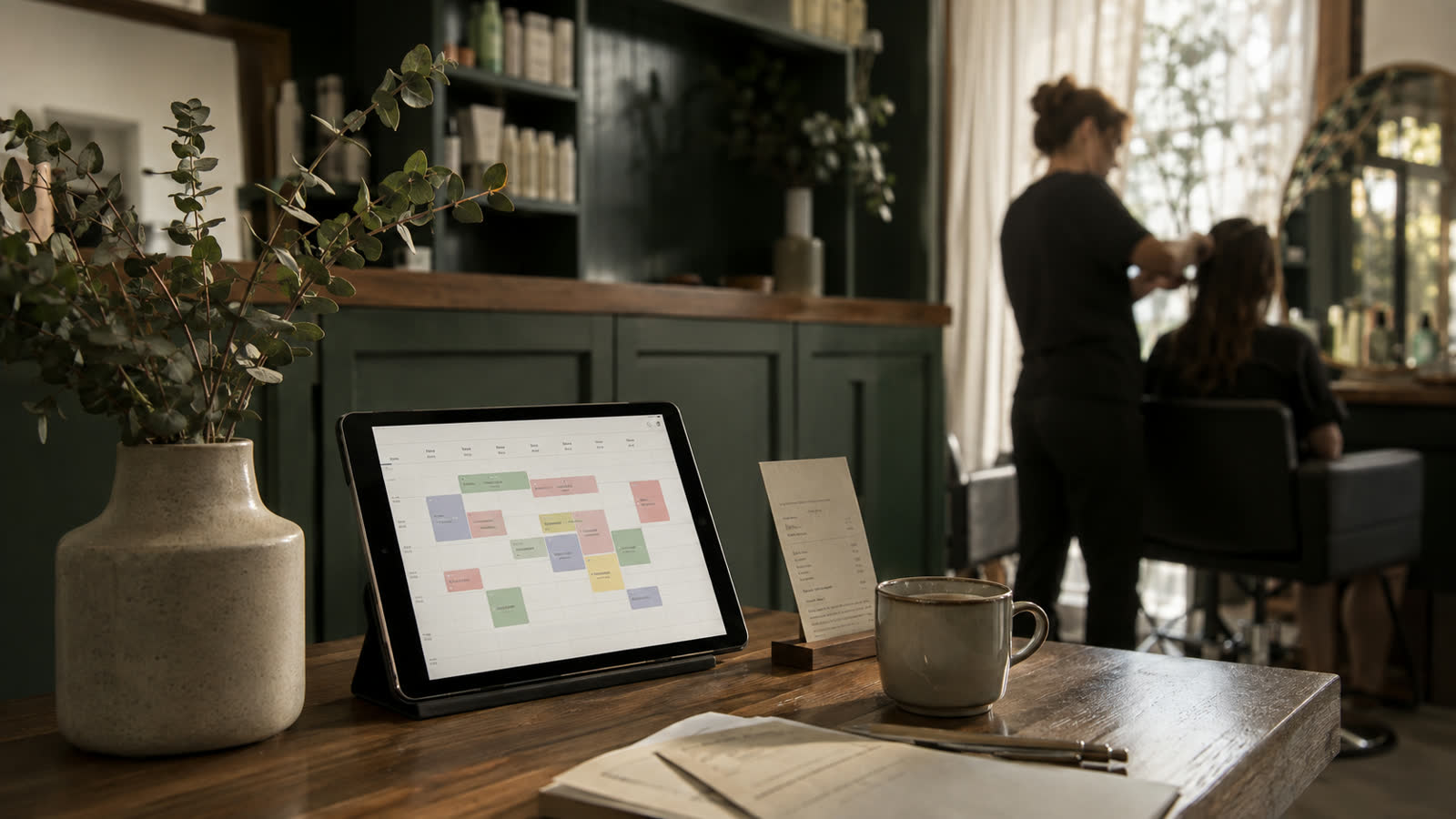 Mostrador de una peluqueria con una tablet mostrando la agenda del dia