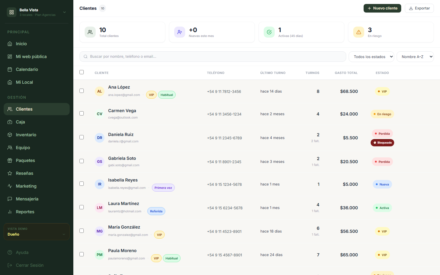 Lista de clientes en Tiska con segmentos VIP, activos y en riesgo