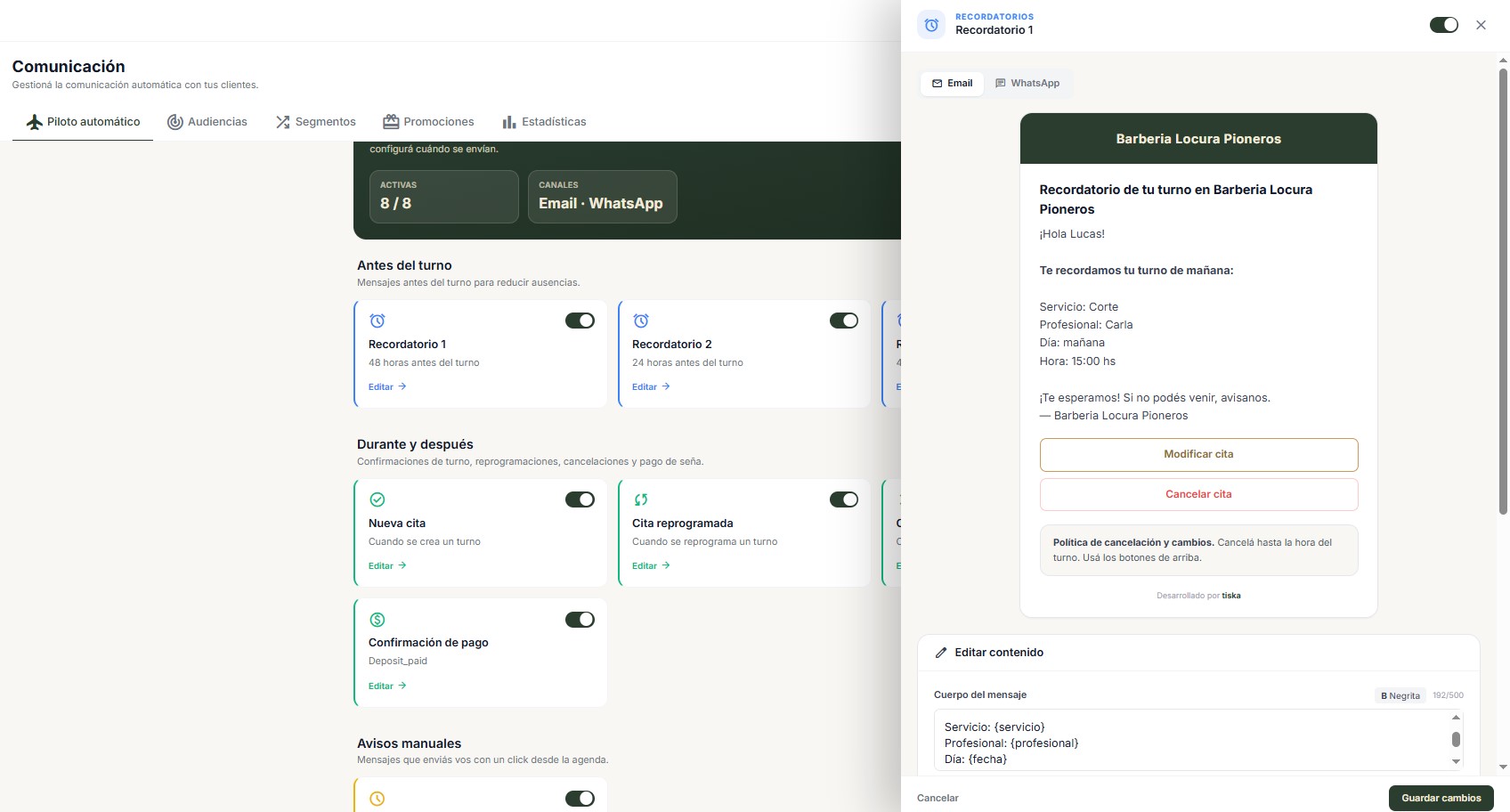 Configuración de recordatorios por WhatsApp y email en Tiska