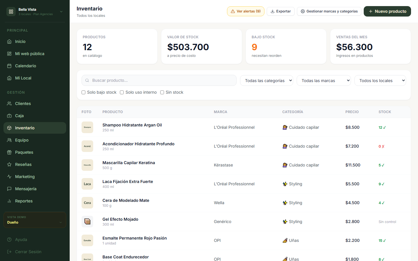 Inventario de productos con alertas de bajo stock en Tiska