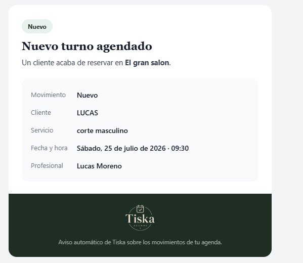 Aviso por mail de turno agendado que le llega al dueño