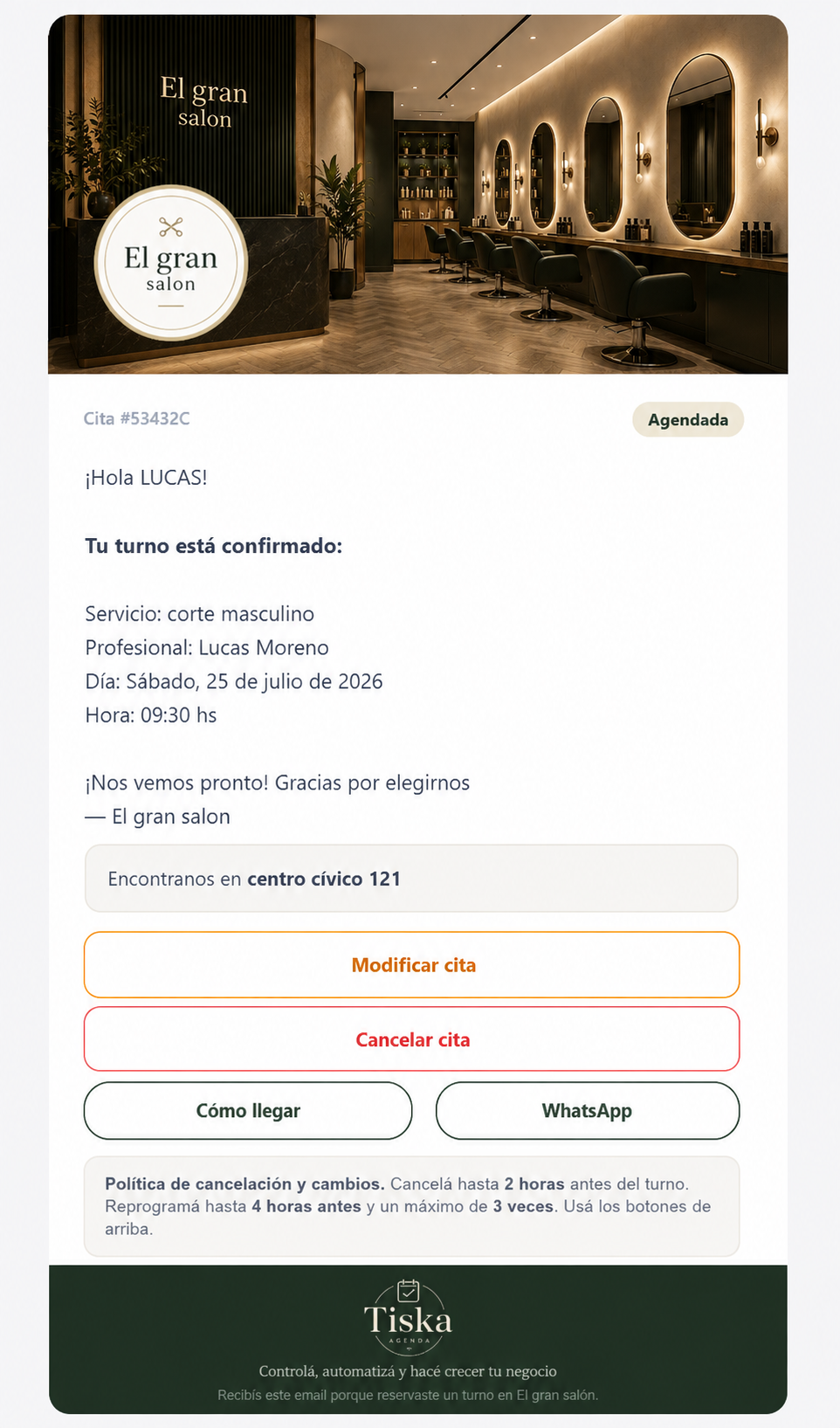 Mail de confirmación que recibe el cliente al reservar