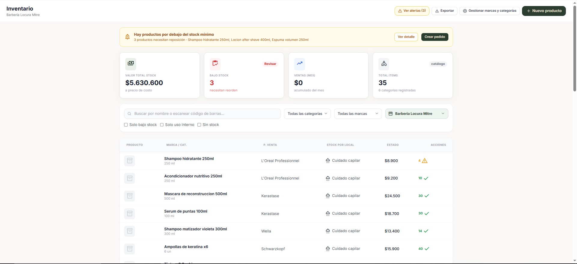 Inventario de productos con alertas de bajo stock en Tiska